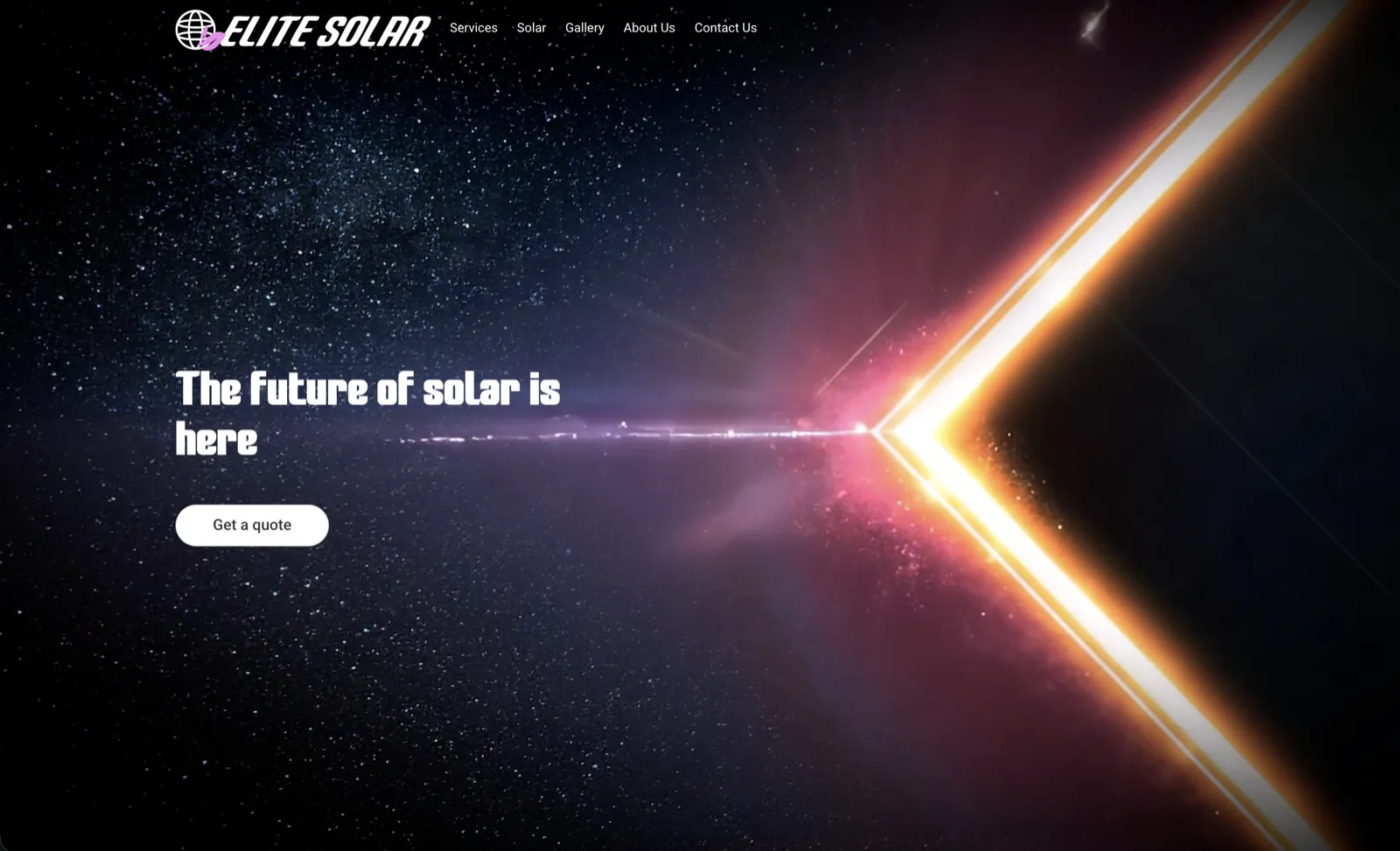 Elite Solar homepage: a starfield hero with the headline “The future of solar is here” and a Get a quote button