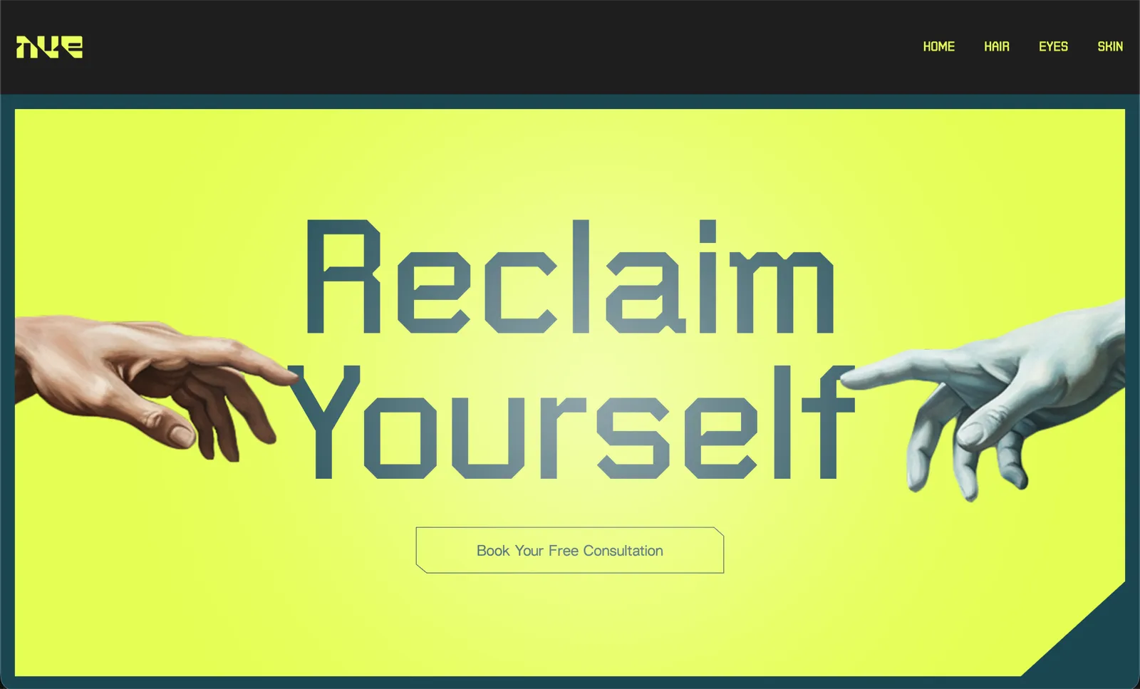 Nueroot homepage: the headline “Reclaim Yourself” between two reaching hands on a lime background